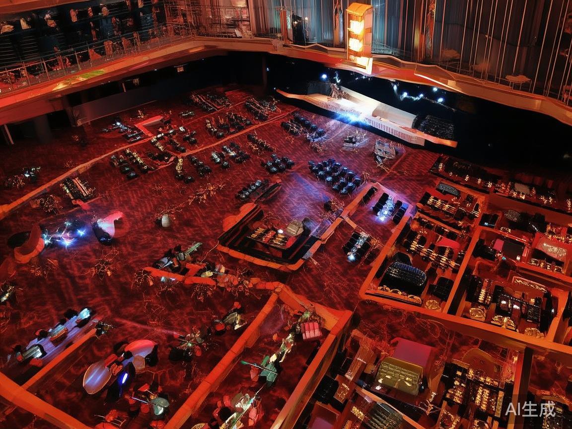 倾斜角度下拍摄的全景图像揭示了赌场内部的宽广空间，